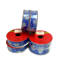 HOLIDAY INSPIRATIONS 7/8 IN X 9 FT BLUE  SILVER GLITTER SNOWFLAKE WIRED RIBBON