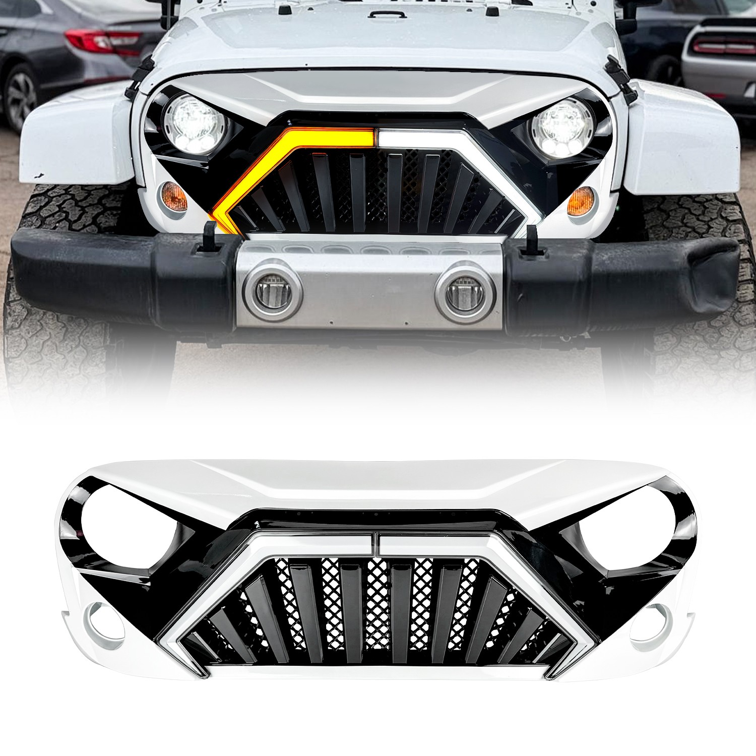 Front White & Black Goliath Grille w/DRL Turn Signal For 07-18 Jeep Wrangler JK
