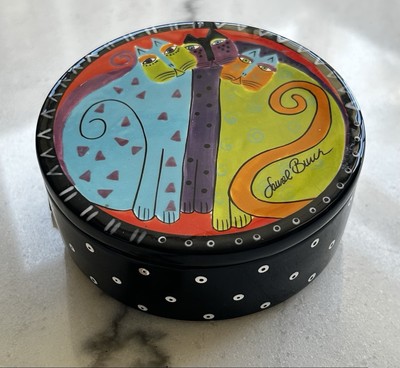 Laurel Burch For Ganz Ceramic 3 Triple Cat Trinket Jewelry Box Blue Purple Green