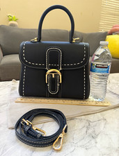 Women s Black Pebbled Satchel Top Handle Bag Gold Hardware Magnetic Detach Strap