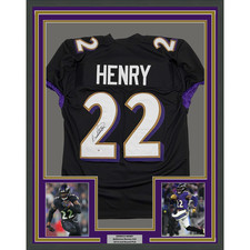 Framed Autographed/Signed Derrick Henry 35x39 Baltimore Black Jersey JSA COA