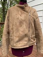 Lauren Ralph Lauren Faux Suede Sherpa Lined Moto Jacket Women's Sz Medium Brown