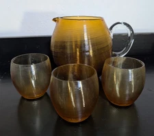 VTG Blown Ribbed Amber Glass Pitcher Clear Handle 5" w/3 Small Glasses 2 1/2"