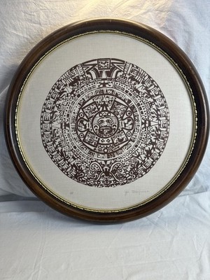 Vtg silk screen Franed Mayan Aztec Sun Calendar Signed Artist Proof 16  