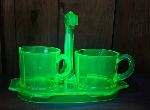 Vintage Uranium Vaseline Green Glass ~ Caddy with Handle / Sugar & Creamer