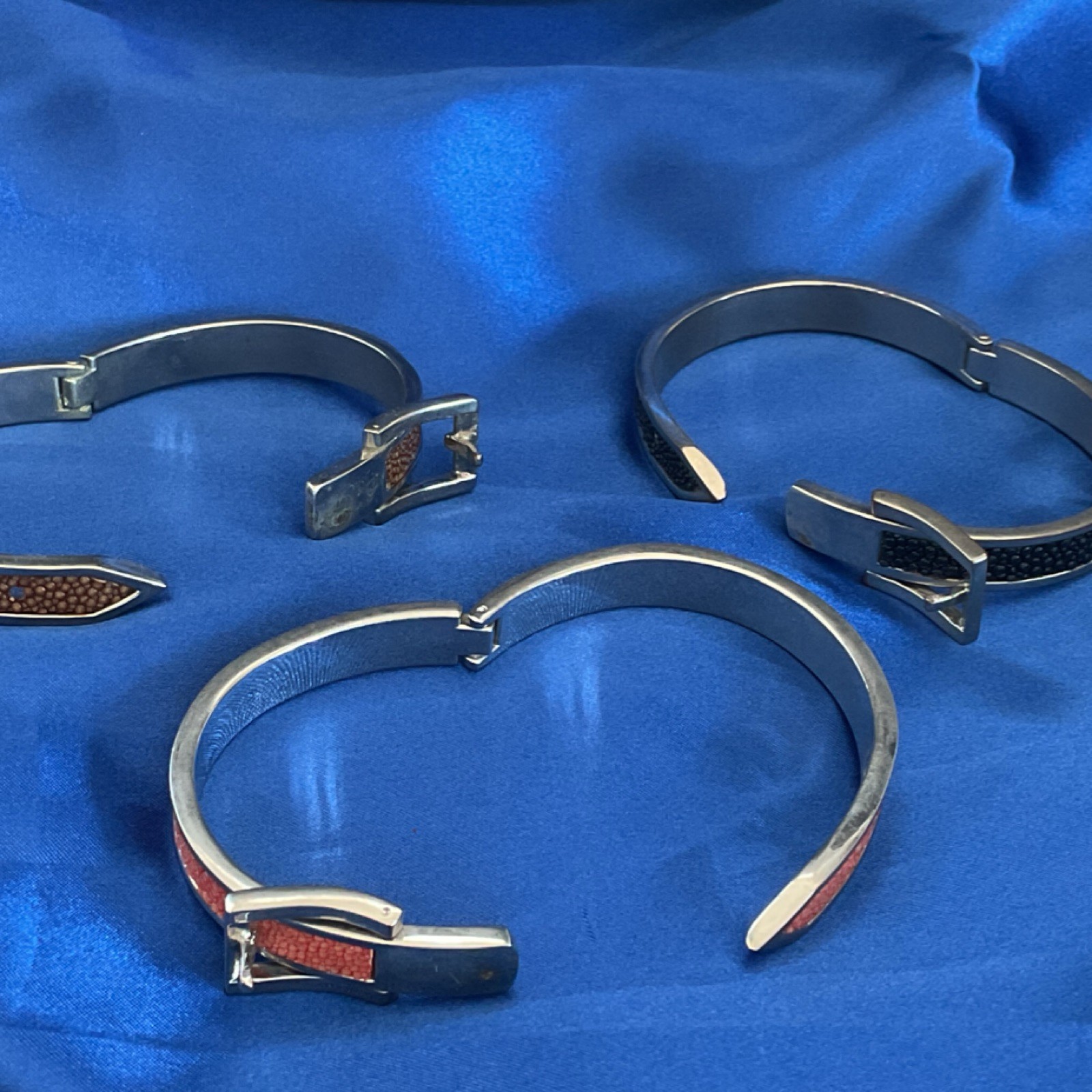 Three Multi-Colored Shagreen Cuff Bangle Bracelets - image 2