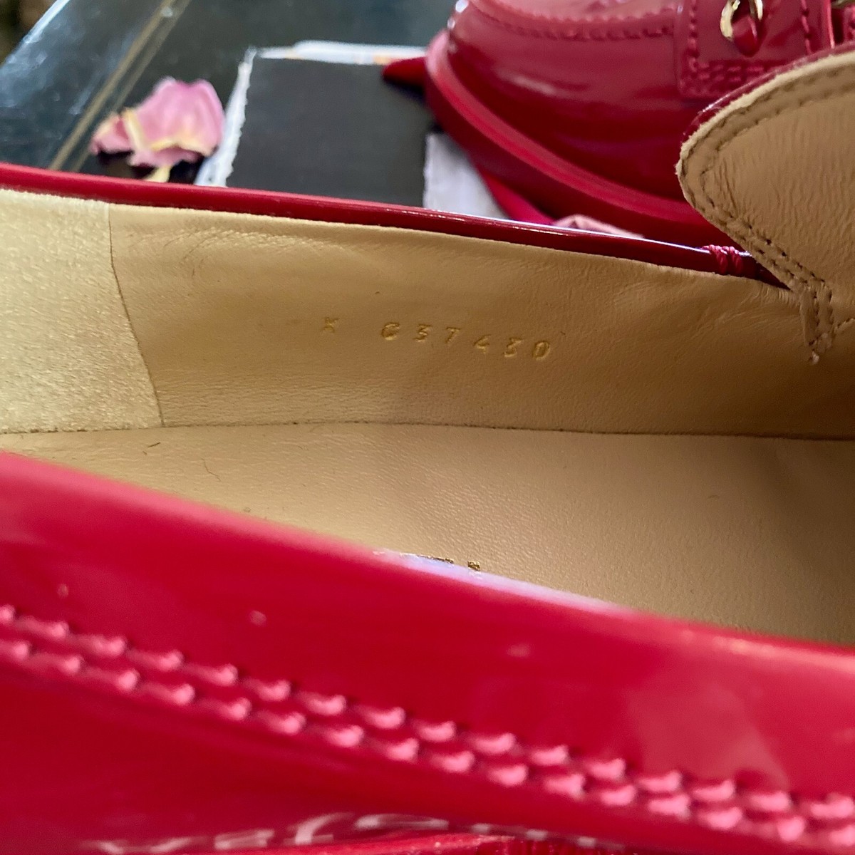 CHANEL red patent Bonnie and Clyde loafers gold logo charms CHANEL red patent Bonnie and Clyde loafers gold logo charms