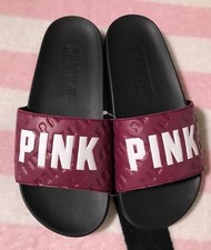 Victoria's Secret Pink Ruby Maroon White Logo Black Single Strap Slides -S 5-6