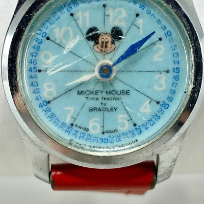 Vintage Bradley Mickey Mouse Swiss Made Walt Disney Mechanical Watch Blue Strap RARE 1960s Vintage Mickey Mouse Mechanical Watch by Bradley  main image 4