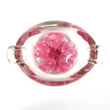 Vintage Art Heavy Clear Blown Glass Ashtray Oval Paperweight Pink Flower Inside