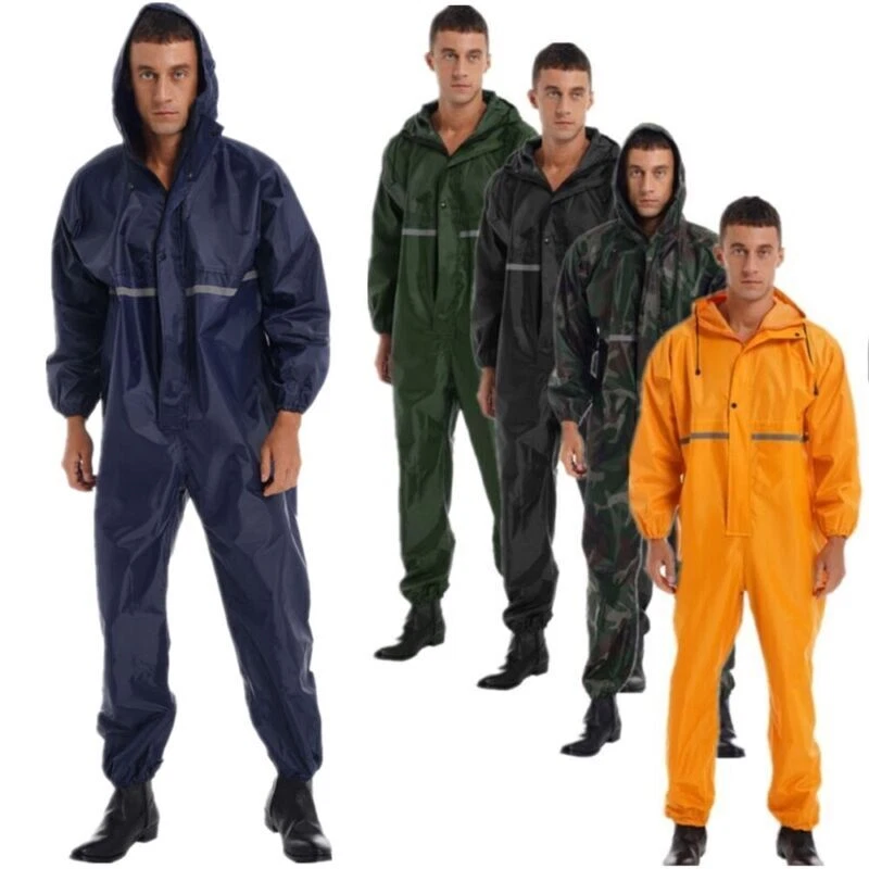 Men Motorcycle Coverall Rain Suit One Piece Waterproof Reflective Strip Jumpsuit