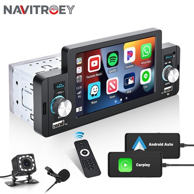 Single 1Din 5'' Touch Car Stereo Radio For Apple/Android CarPlay BT FM USB+Camera