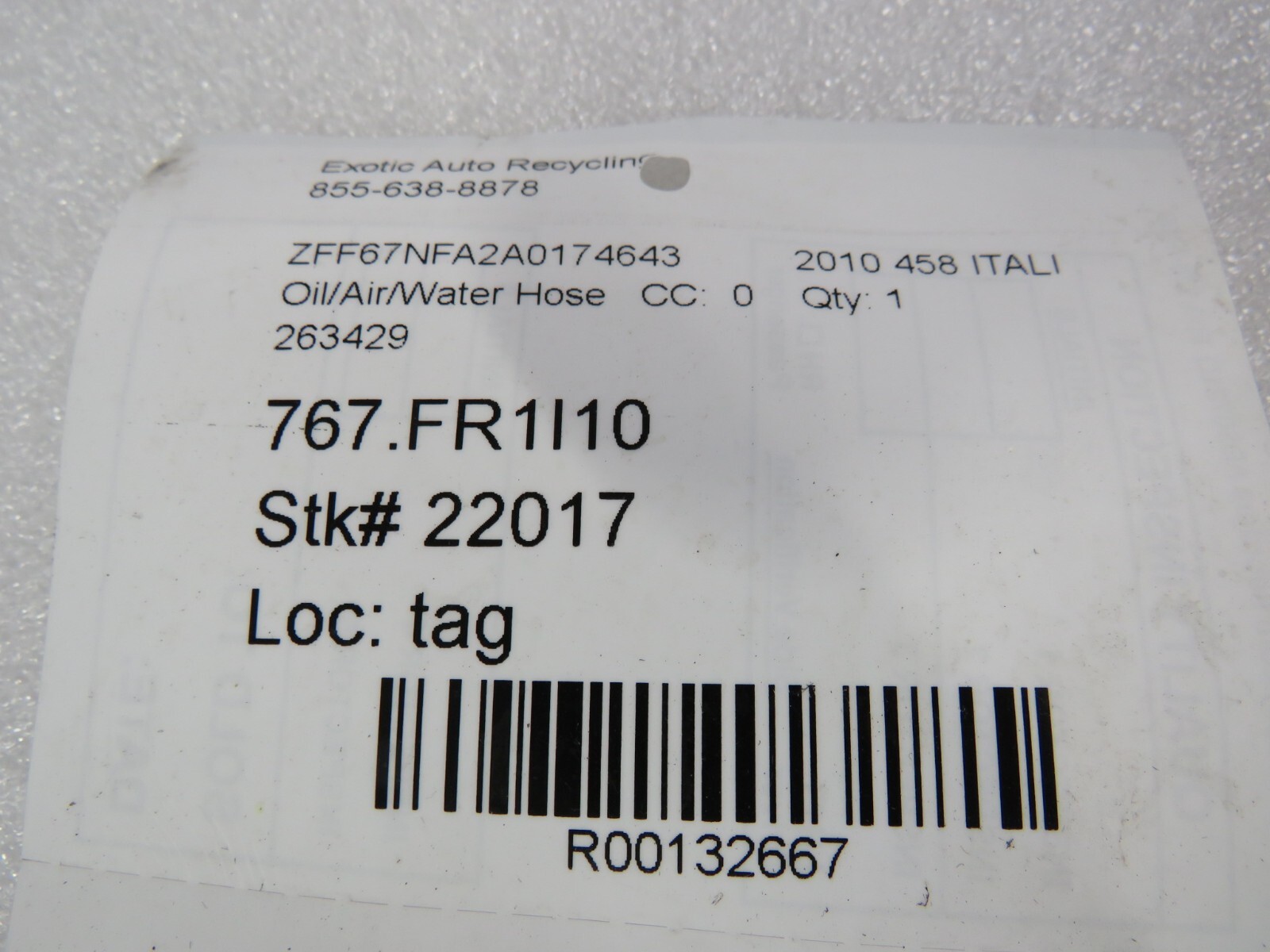 Ferrari 458 Italia, Speciale, Spider, Water Vent Pipe, Used, P/N 263429