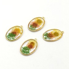 Clearance 8PCS Gold Tone Dried Pressed Flower Resin Oval Charm Pendant GBY20
