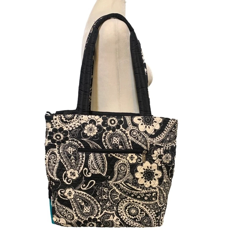 Belvah Black & White Floral Paisley Patterned Soft Quilted Book Tote Bag - Image 2 of 4