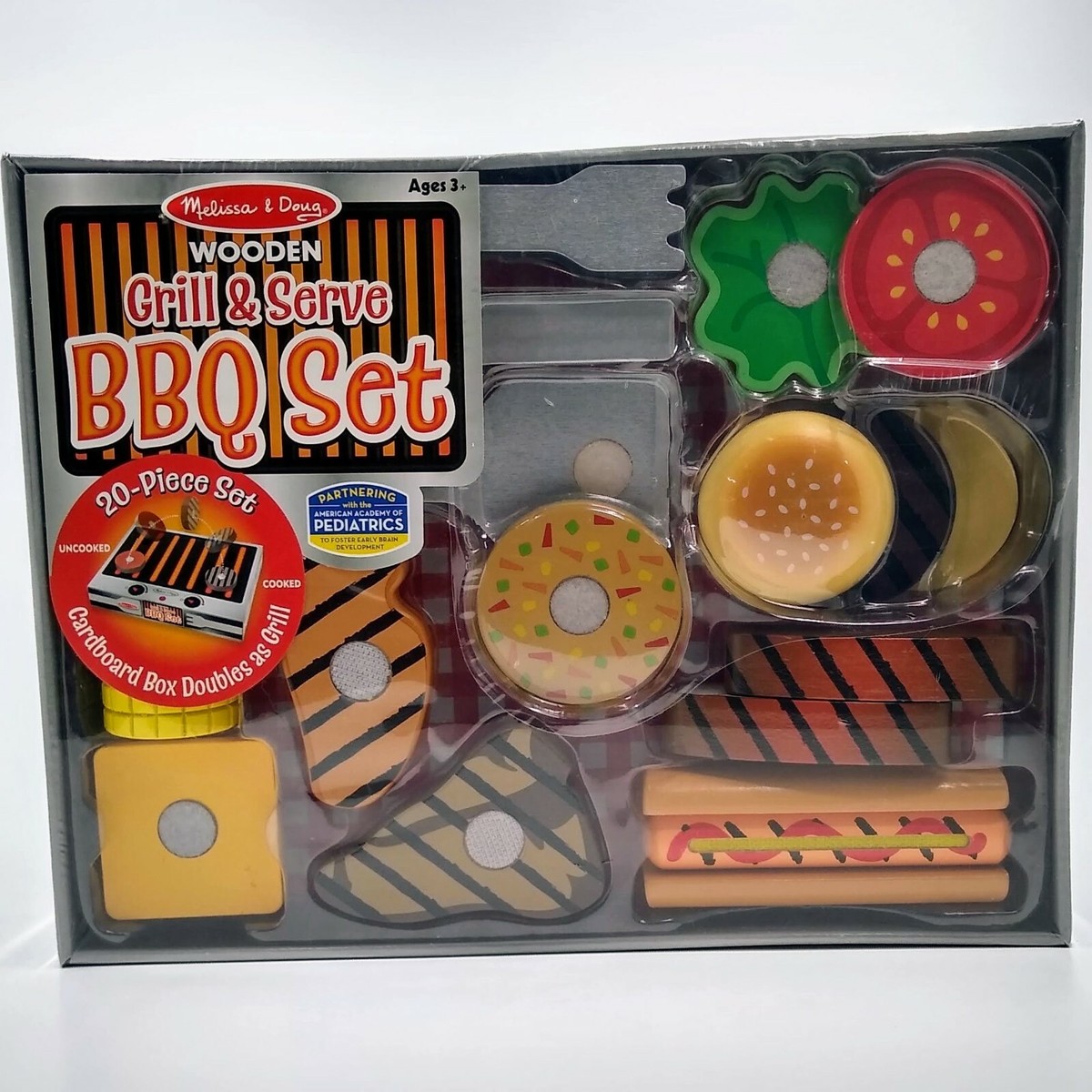 Melissa Doug Wooden Grill Serve BBQ Grill Set 20 pieces Toy