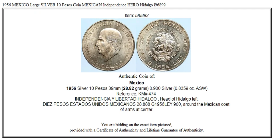 Moneda grande de 10 pesos de plata 1956 México Independencia de México HÉROE Hidalgo i96892 Foto 3 de 3