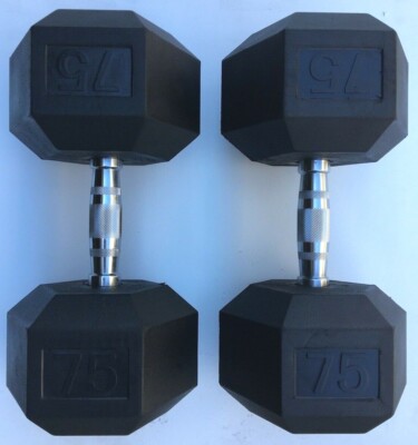 BRAND NEW 75LB PAIR OF RUBBER COATED HEX DUMBBELLS WEIGHTS FOR COMMERCIAL GYM