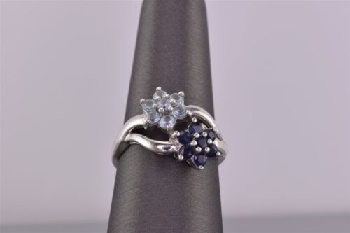 Sterling Silver Blue Topaz Clustered Flowers Wavy Band Ring 925 Sz: 7 - Picture 1 of 8