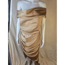 Off The Shoulder Satin Ruched Bodycon Midi Dress Gold Size L NWT