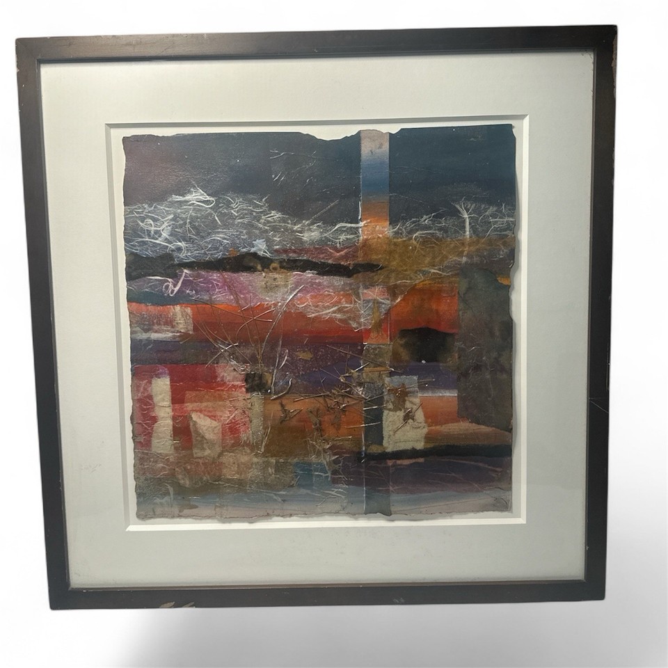 Vintage Abstract Mixed Media Textile Art Framed Modern Wall Decor