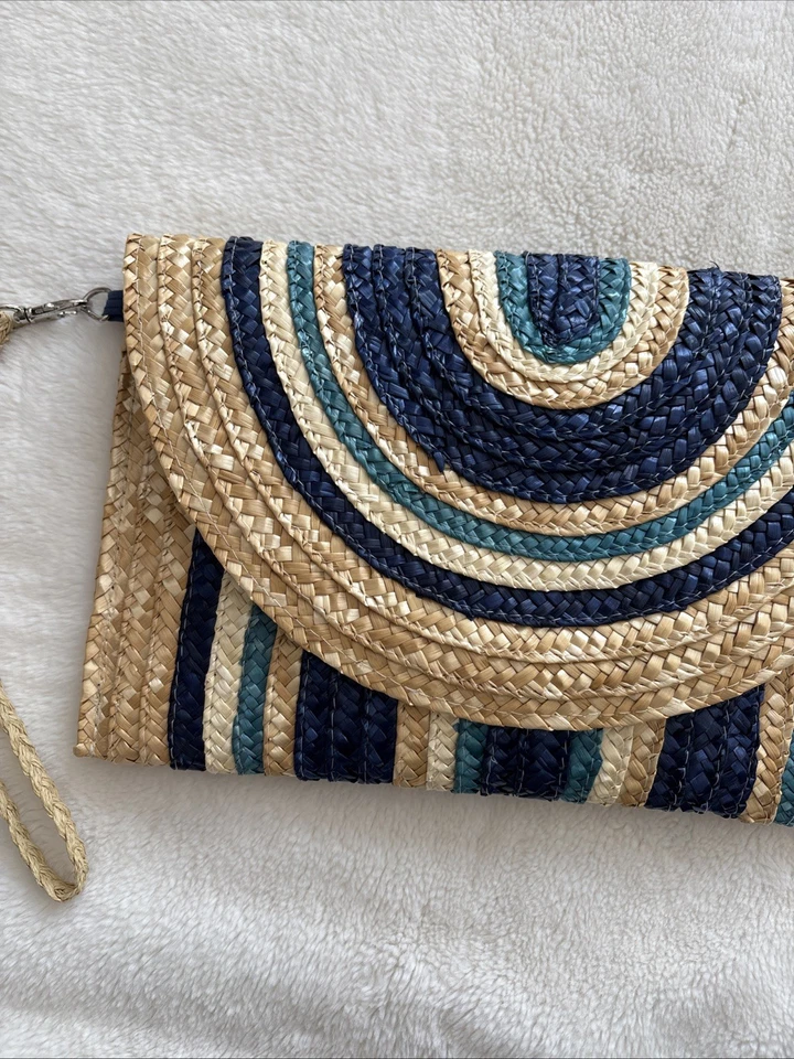 Bolso sin asas de muñeca Mud Pie bolso tejido de paja natural azul marino turquesa grande Foto 2 de 4