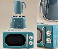 Kettle Toaster Microwave Kitchen Set Teal Blue Retro Stylish