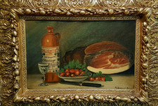 SCHÖNES Gemälde 19 Jh  Stillleben mit Schinken Sig. TH. Breumer Düsseldorf Maler