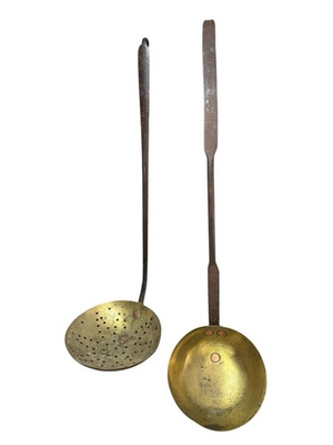 #ad Pair of Vintage Long Brass Ladles W Cast Iron Handle Copper Rivets Soup Strainer $49.00