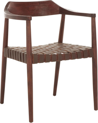 Amycus Walnut Brown Wood & Cognac Leather Woven Accent Chair - Fully Assembled