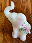 VINTAGE FENTON ART GLASS SATIIN WHITE HAND PAINTED FLOWERS ELEPHANT FIGURINE