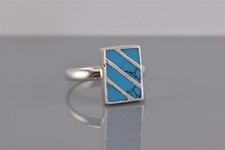Sterling Silver 14mm Framed Mosaic Striped Blue Howlite Band Ring 925 Sz: 7