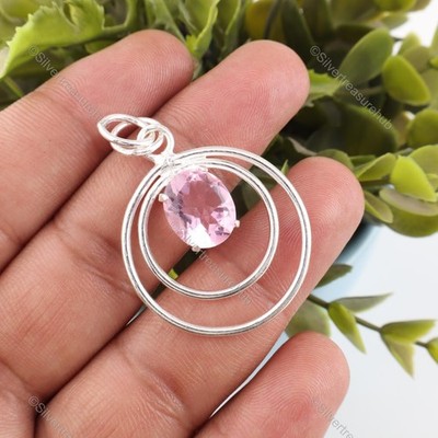 Daughters Day Deal Oval Morganite Stone 925 Silver Channel Set Pendant Jewelry