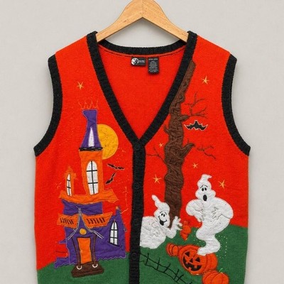 Holiday Editions Halloween Ghost Haunted House Knit Vest Size XL Vintage Style