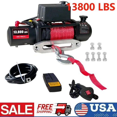 13800LB Electric Winch 12V 85FT Synthetic Rope Towing Winches 2 in 1 Control