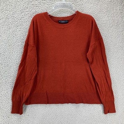 Zara Rust Pullover Sweater M Crew Neck Long Sleeve Orange Lightweight Fall