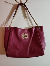 TORY BURCH Britten Small Slouchy Raspberry Color Leather Tote  Handbag GUC 