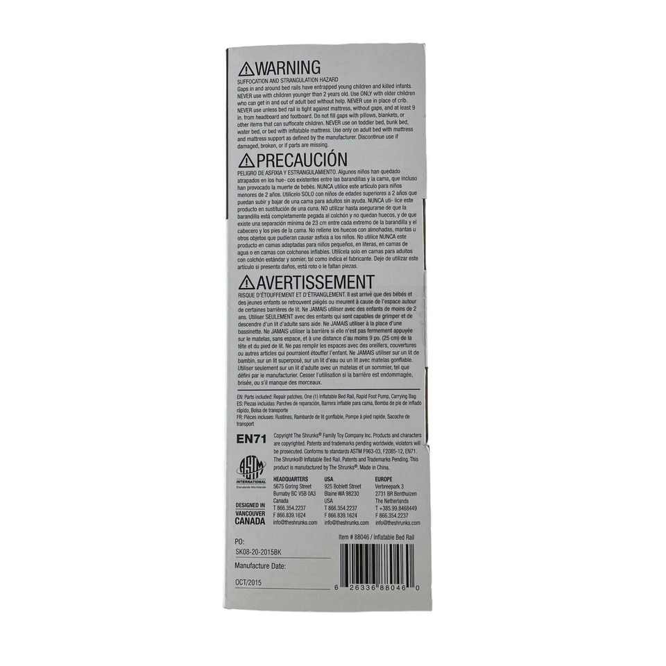 Riel de cama inflable Wally The Shrunks riel de cama seguridad para bebés niños 48"x7"x4" nuevo en caja Foto 3 de 4