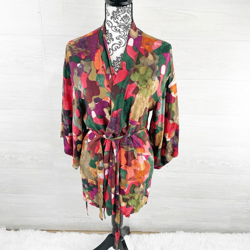 Natori Josie Multicolor Watercolor Tie Wide Sleeve Cardigan S