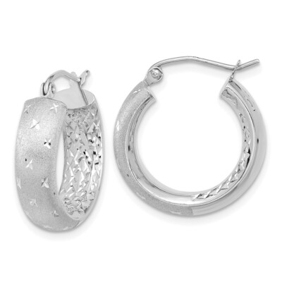 Real 14kt White Gold Polished; Satin & Diamond Cut In/Out Hoop Earrings