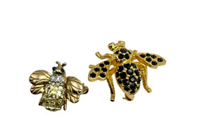 Authentic 2 Gold-Plated Little Bumblebee / Simulated Diamond / Synthetic Peridot Pins