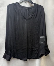 SIMPLY VERA WANG $48 Black Long Roll Tab Sleeve V Neck Top Tunic Women Large L
