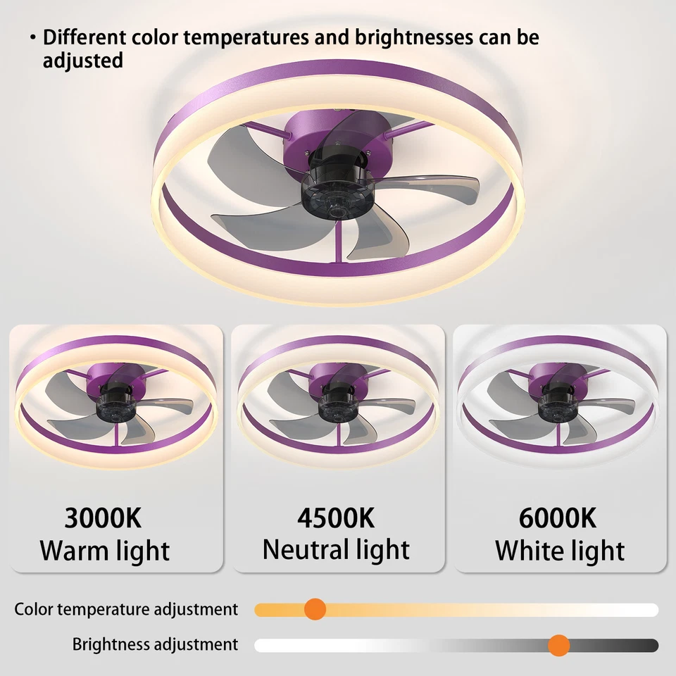 20 inch Ceiling Fan Light Modern Purple Flush Mount with APP Remote Control Kit - Image 3 of 4