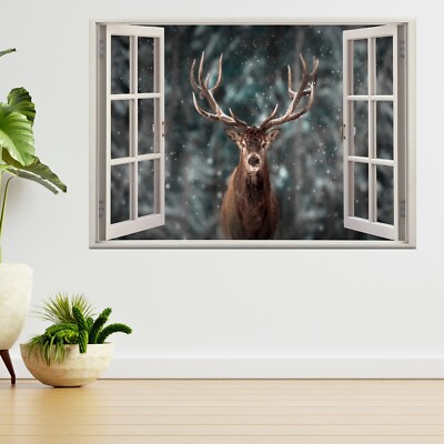 Rothirsch Hirsch Winter Schnee Wald 3D Fenster Blick Wandaufkleber Poster Aufkleber A248