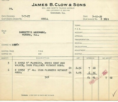 1927~JAMES B. CLOW & SONS~ADVERTISING BILL/LETTERHEAD~CHICAGO, IL., WHOLESALE