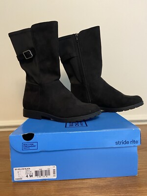 Stride Rite Girls 4 Wide Willow Black Tall Boots With Zipper Stretch Calf EUC