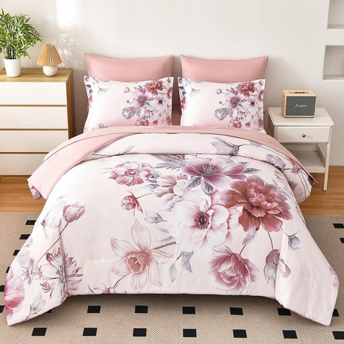 Floral Comforters Queen Size 7 Pieces Botanical Pink Bed in a Bag Ulter
