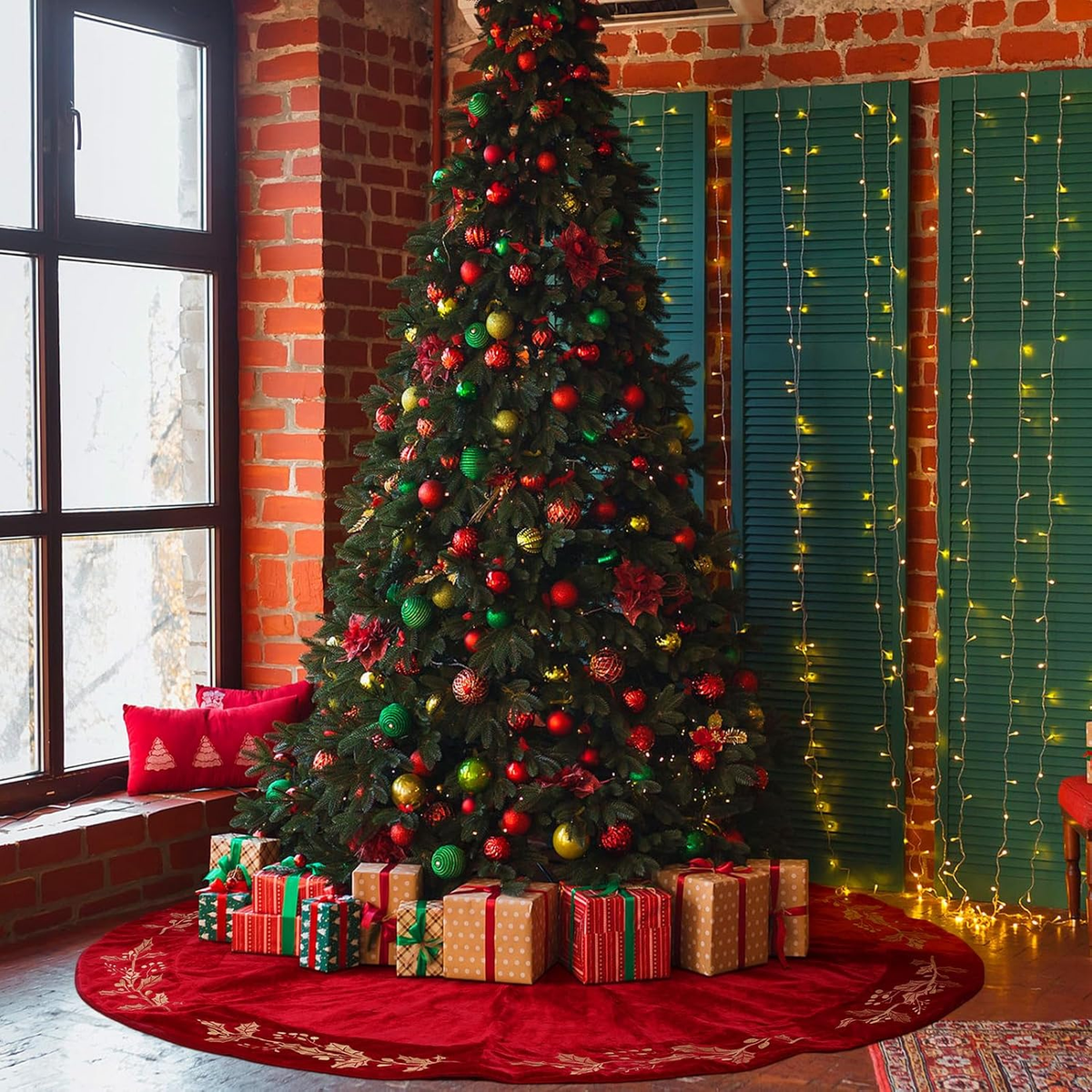 LEAFWHIS 48-Inch Red Christmas Tree Skirt - Vintage Gold & Green Tree Pattern, Large Festive Mat - View #13