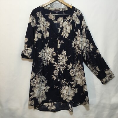 Roaman's 28W blue floral pintuck roll up sleeve split neck button down top