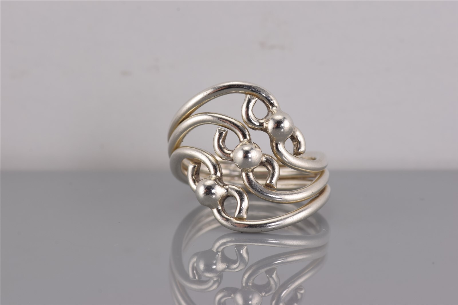 Sterling Silver Offset Beaded Swirled Loop Triple… - image 1